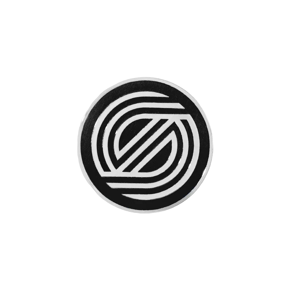 Black and white circular logo on a light gray background