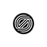 Black and white circular logo on a light gray background