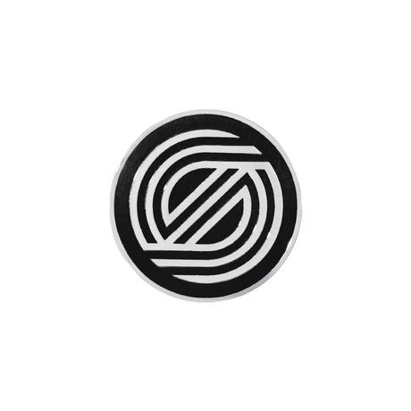 Black and white circular logo on a light gray background