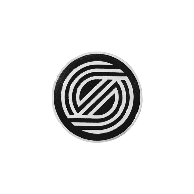 Black and white circular logo on a light gray background